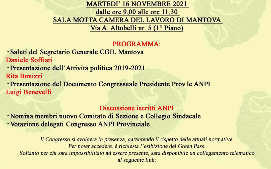 Martedì 16 novembre: Congresso della sezione Anpi della Cgil di Mantova