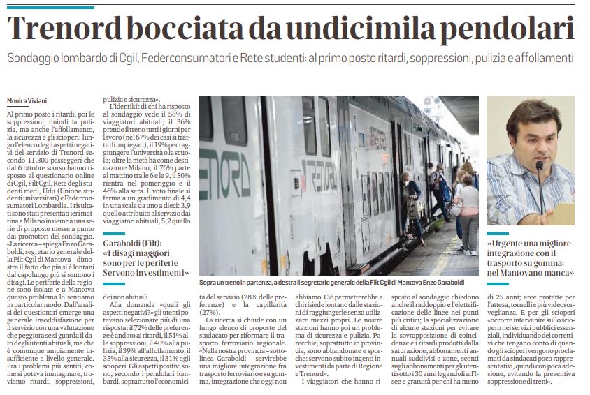 Sondaggio di Filt Cgil, Federconsumatori e Rete Studenti: Trenord bocciata dai pendolari. Garaboldi (Filt Cgil Mantova): “Nella nostra provincia serve migliore integrazione fra trasporto ferroviario e su gomma”