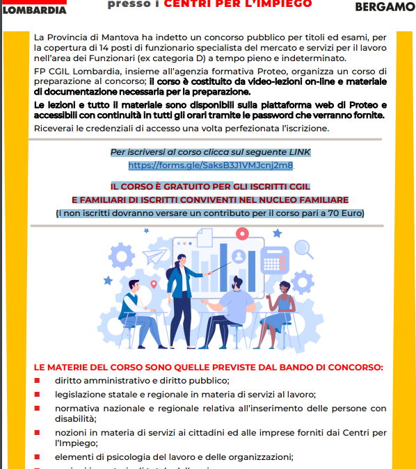 Concorso Pubblico per 14 posti in Provincia di Mantova per funzionario specialista del mercato del lavoro – Corso di preparazione organizzato da FP Cgil Lombardia