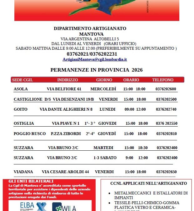 Dipartimento Artigiani, ecco le permanenze 2026 e l’elenco delle prestazioni messe a disposizione dagli Enti Bilaterali