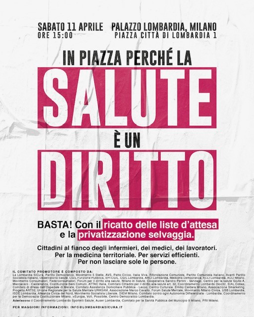 In piazza per una sanità più giusta e per il diritto alla salute: sabato 11 aprile manifestazione a Milano